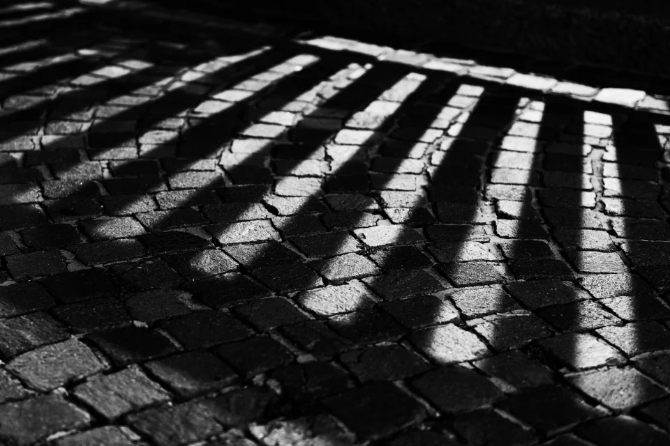 Pavés photographiés en noir et blanc, traversés par une alternance de bandes lumineuses et de longues ombres sombres.